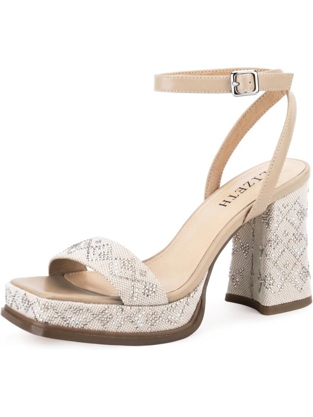Women's Beige Jacquard Square Open Toe Chunky Block Heel Ankle Straps Sandals
